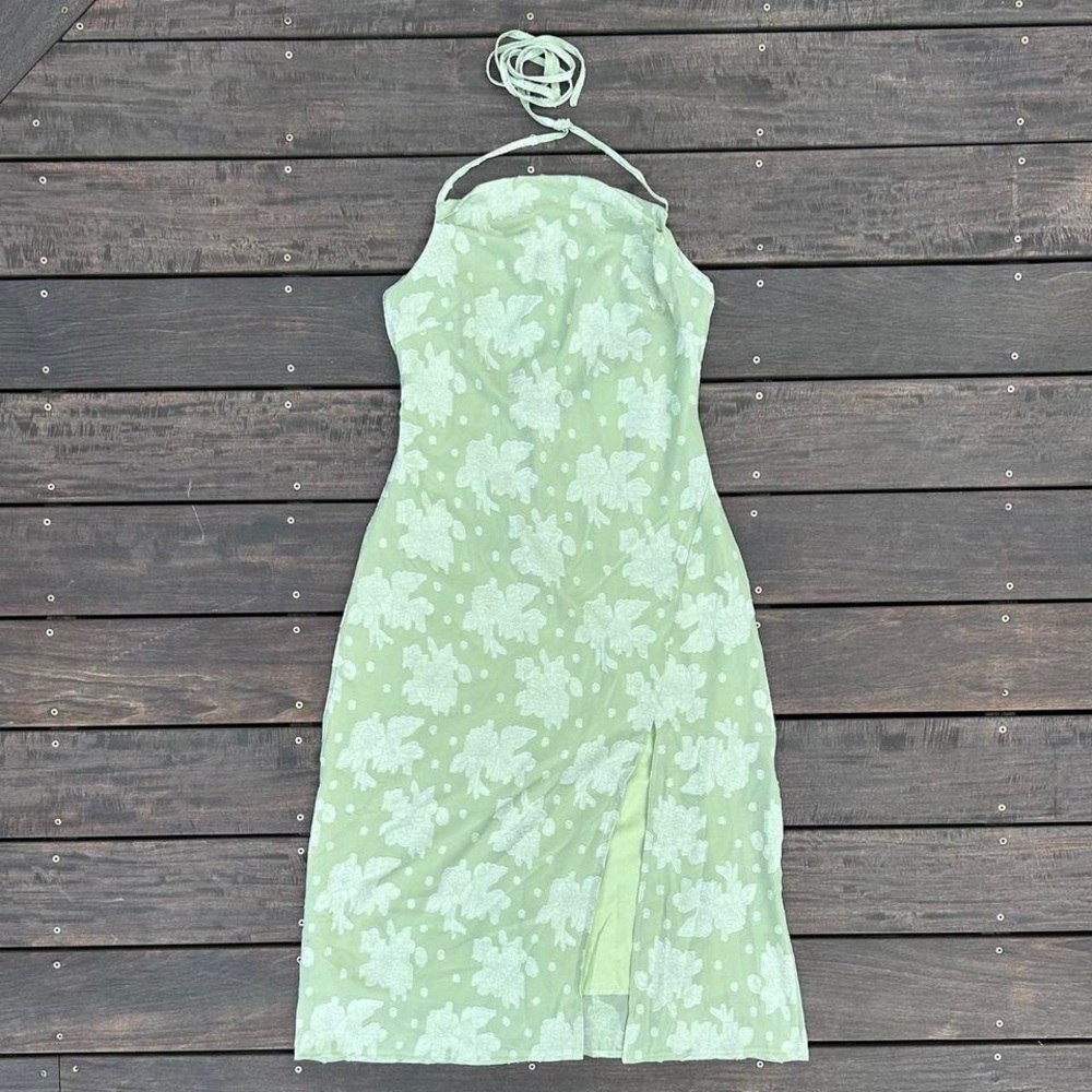 NWT Green Floral Rosedress Midi Dress w/ Tie Up Halter Neck and Slit